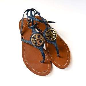 Tory Burch Navy Leather Logo Embellished Thong Flat Sandals